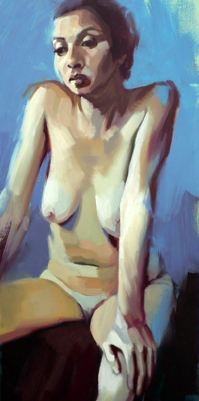 Girl on Foot of Bed #1, 100x50cm, oil on canvas, 2013