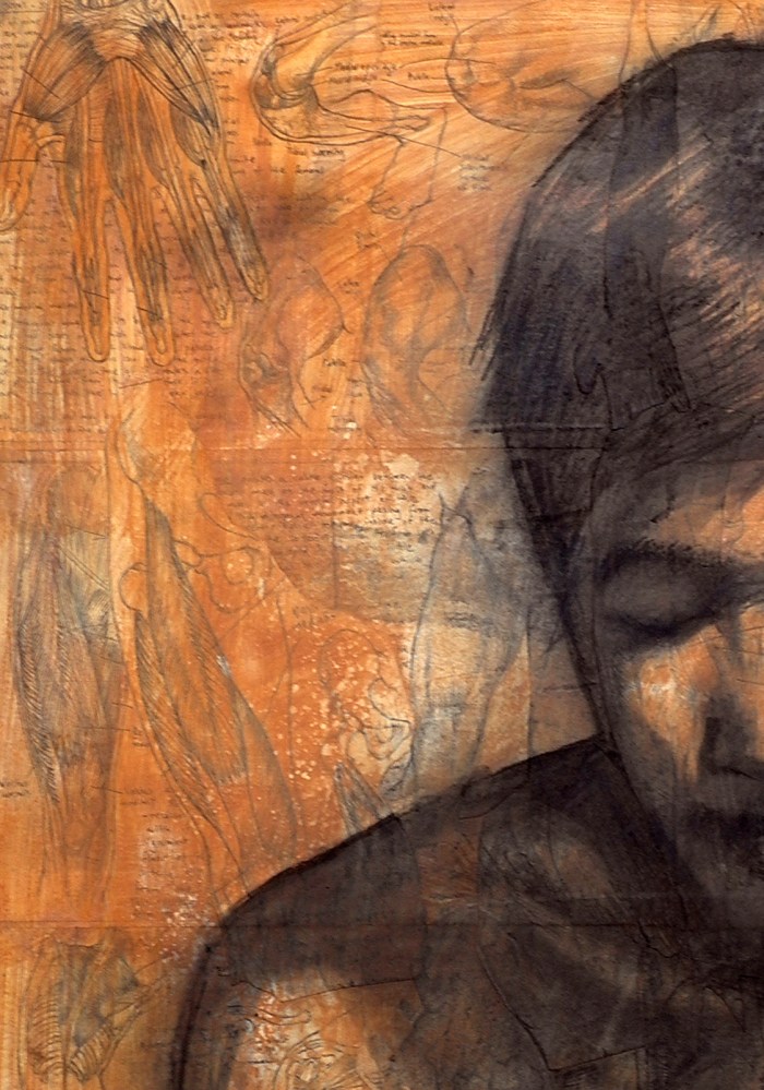 Inner Workings #1, 81x62cm, acrylic, charcoal, & collage on board, 2012 detail 1