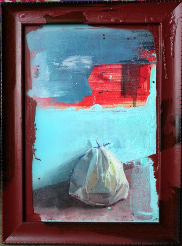 Frame Series (#4), 35.5x26.5 cm, oil, spray paint, polycarbonate, and oxide primer on frame, on canvas, 2016