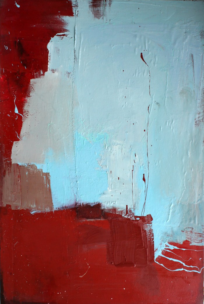 Red and Blue Composition, 120x80 cm, acrylic, oil, fabric, oxide primer and enamel on canvas, 2016